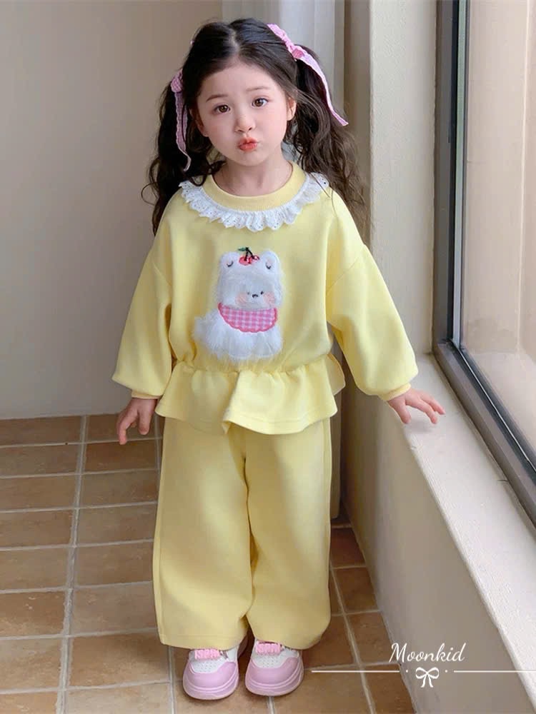 Sét bộ nỉ cổ ren bo eo quần xuông bé gái mk