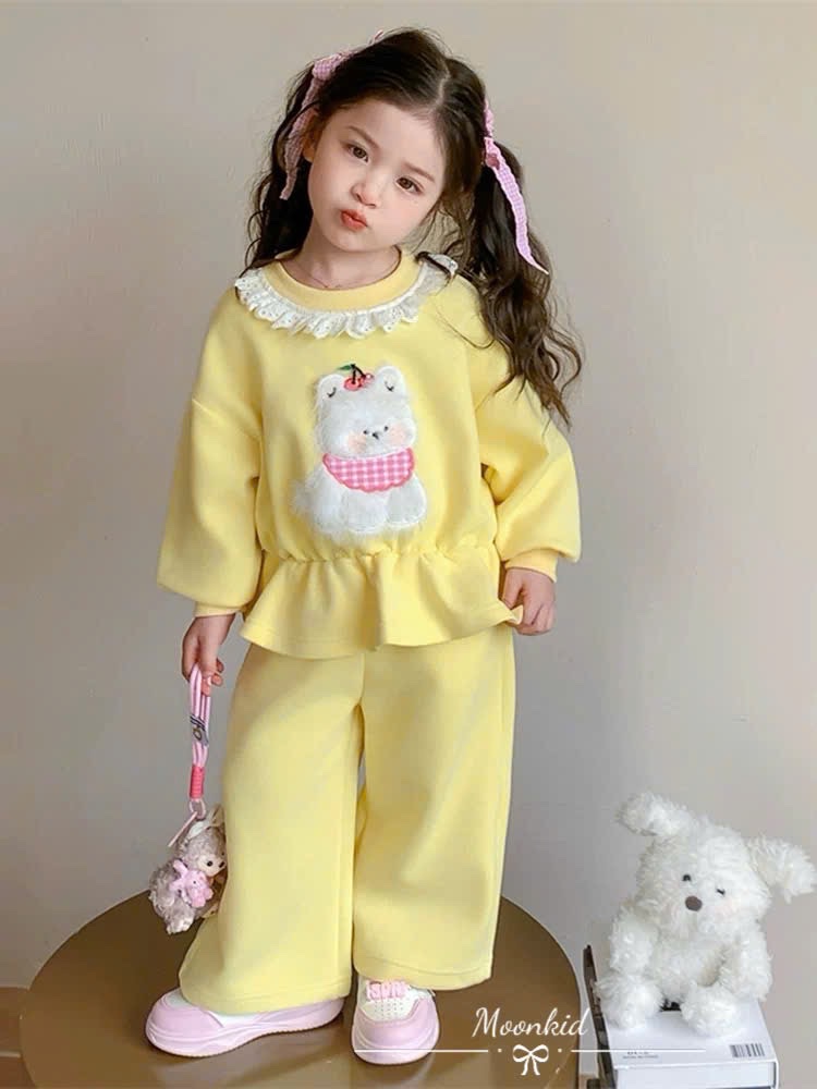 Sét bộ nỉ cổ ren bo eo quần xuông bé gái mk