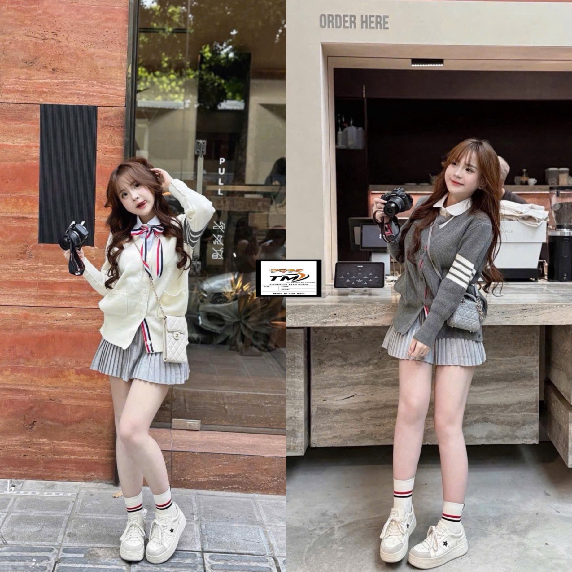 Sét bộ áo phối cổ sơ mi nơ cv dập ly ghi bé gái