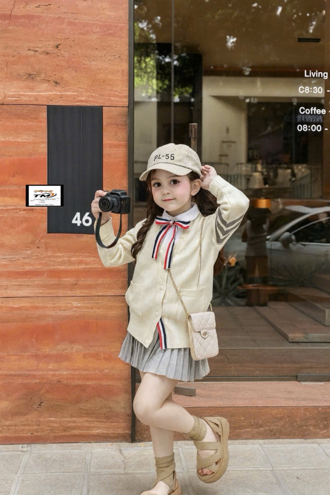 Sét bộ áo phối cổ sơ mi nơ cv dập ly ghi bé gái