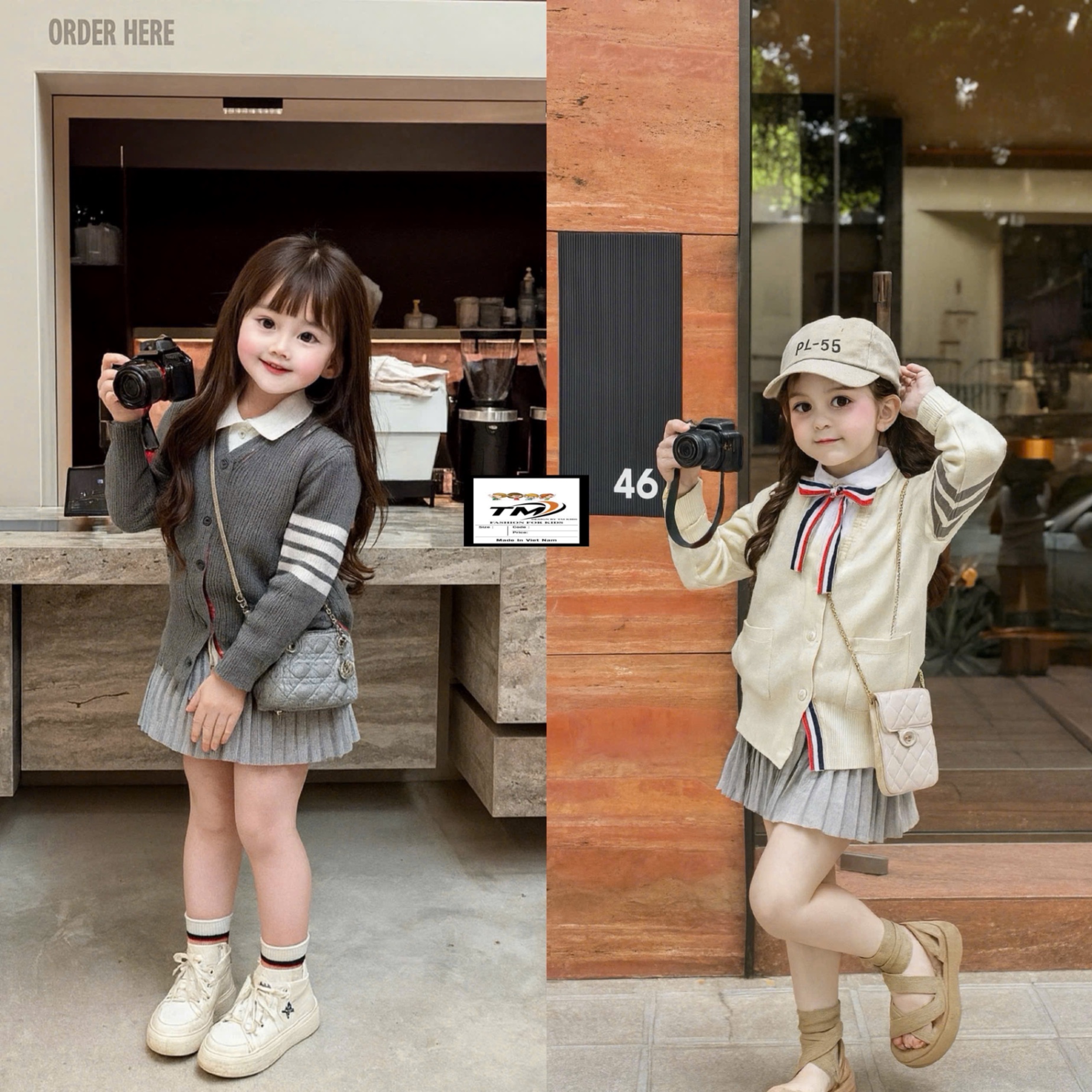Sét bộ áo phối cổ sơ mi nơ cv dập ly ghi bé gái