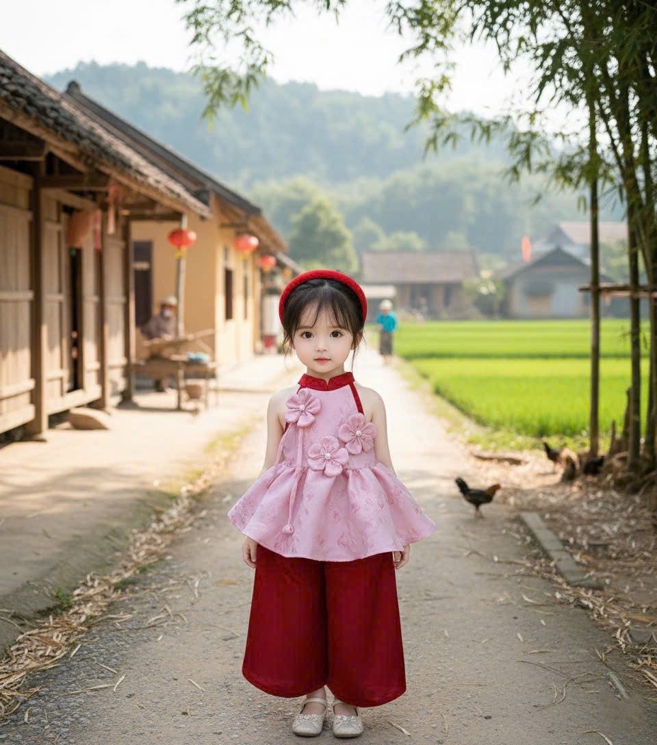 Sét bộ hồng cổ yếm đính hoa nổi quần xuông bé gái