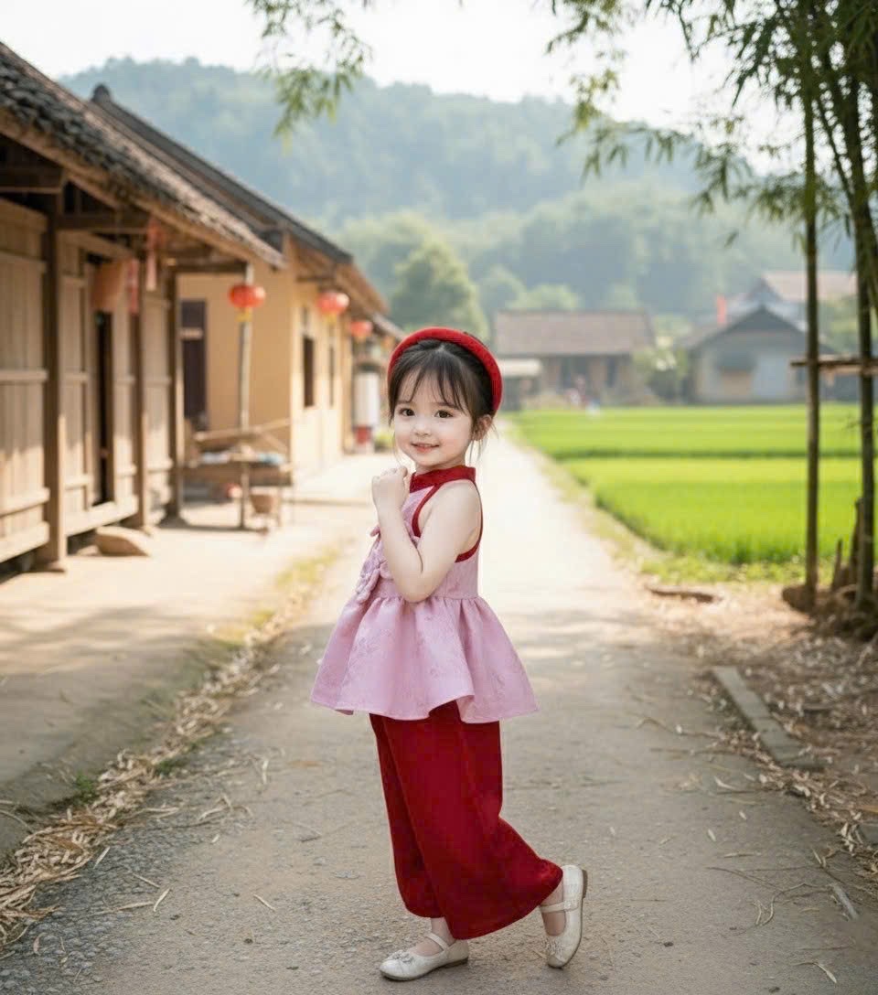 Sét bộ hồng cổ yếm đính hoa nổi quần xuông bé gái