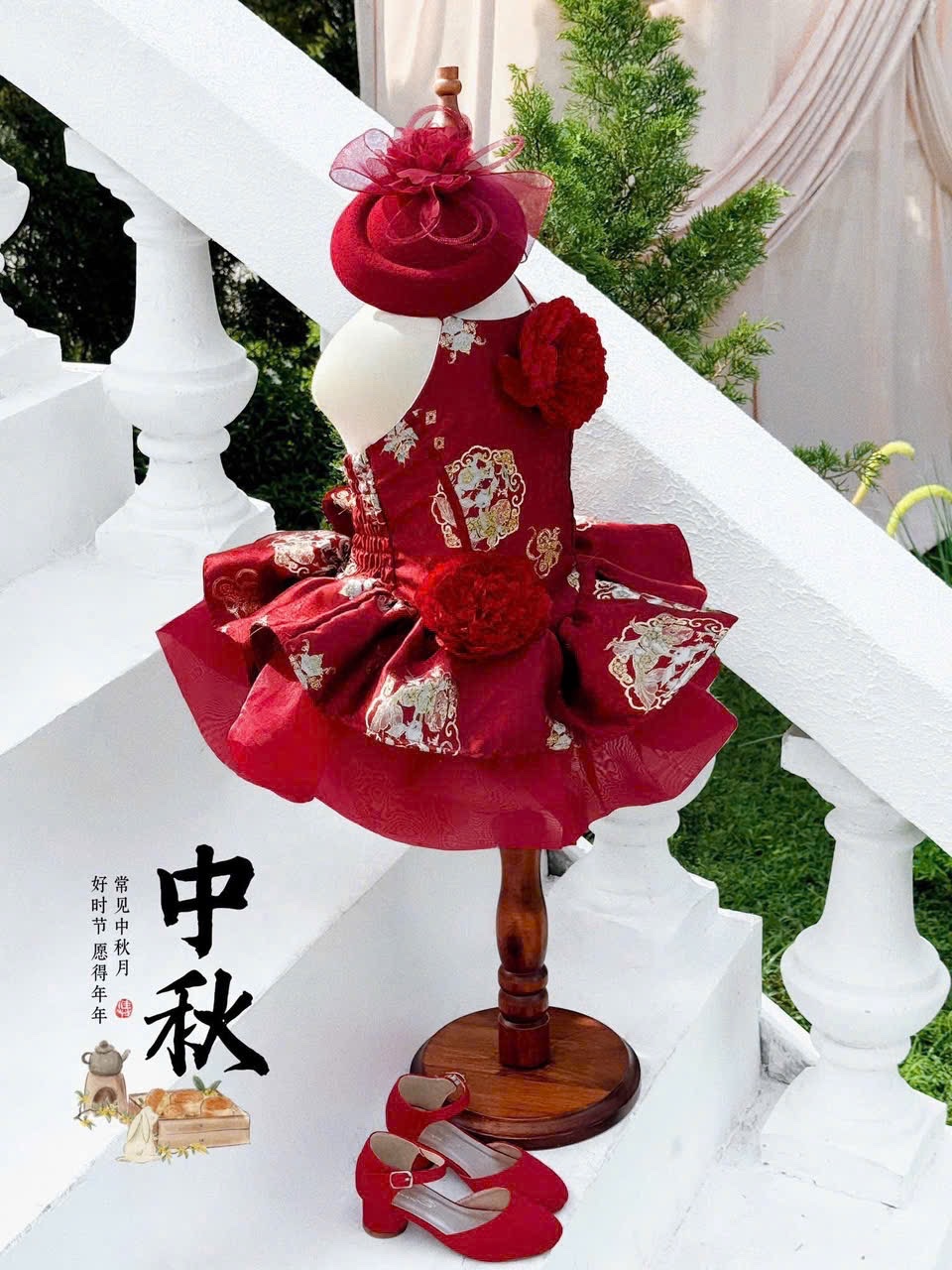 Sét áo yếm đính hoa cv bồng đỏ bé gái lt