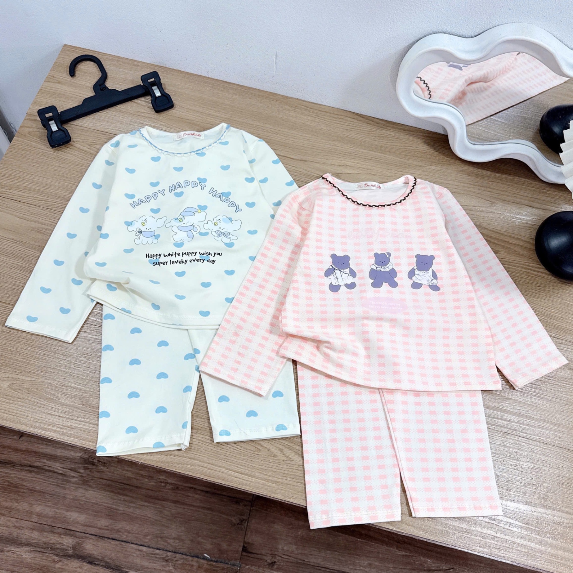 Sét 2 bộ côtton dài tay gấu tim bé gái