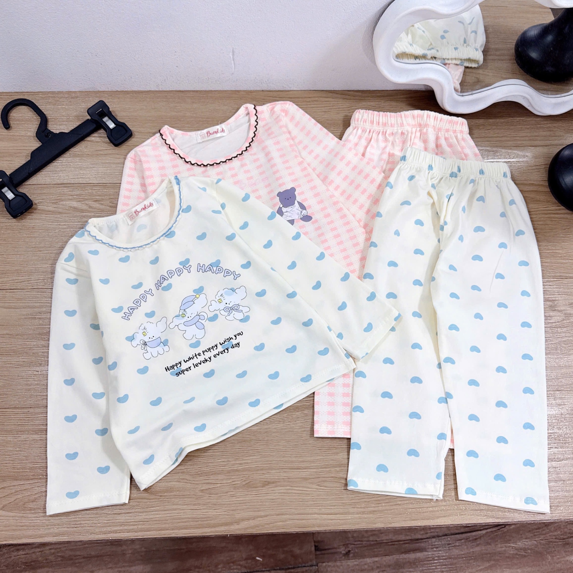 Sét 2 bộ côtton dài tay gấu tim bé gái