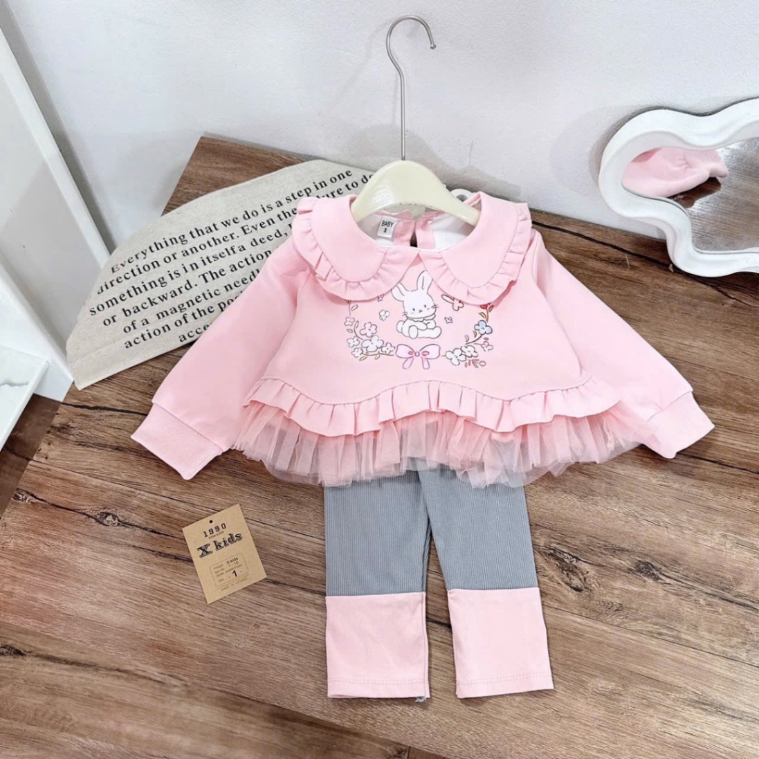 Sét áo nỉ hồng thỏ quần tăm legging bé gái