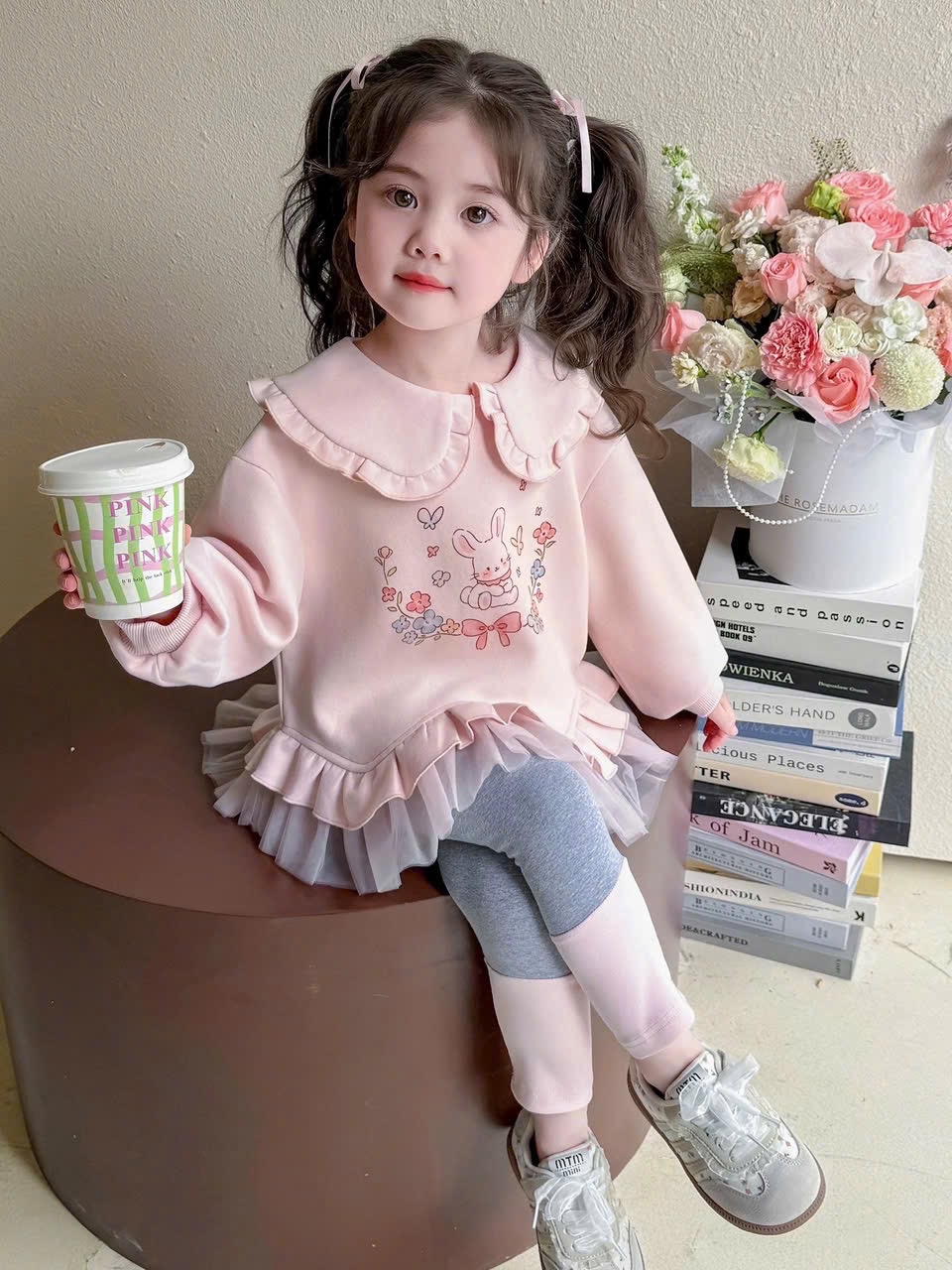 Sét áo nỉ hồng thỏ quần tăm legging bé gái