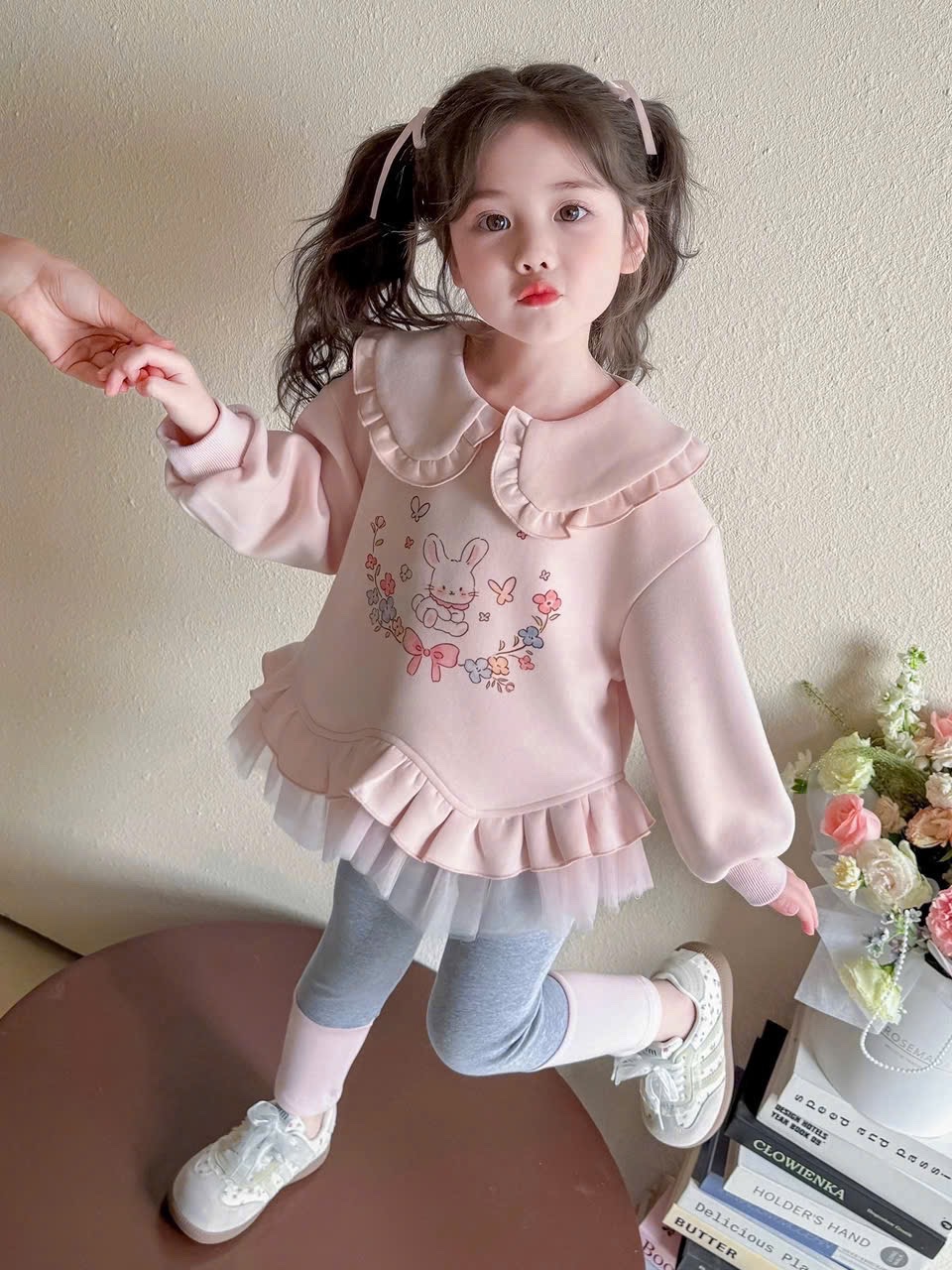 Sét áo nỉ hồng thỏ quần tăm legging bé gái