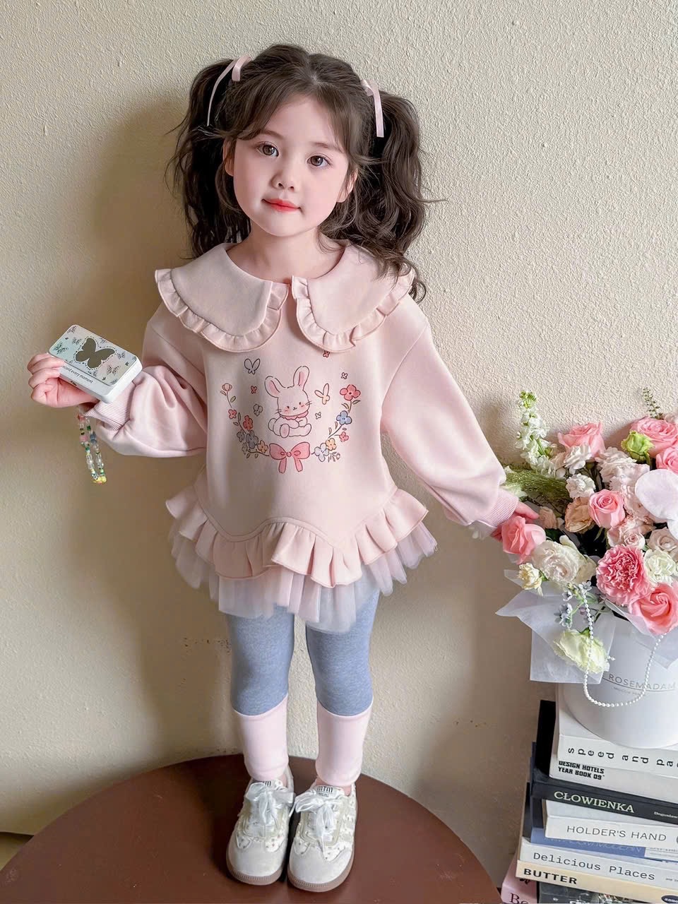 Sét áo nỉ hồng thỏ quần tăm legging bé gái