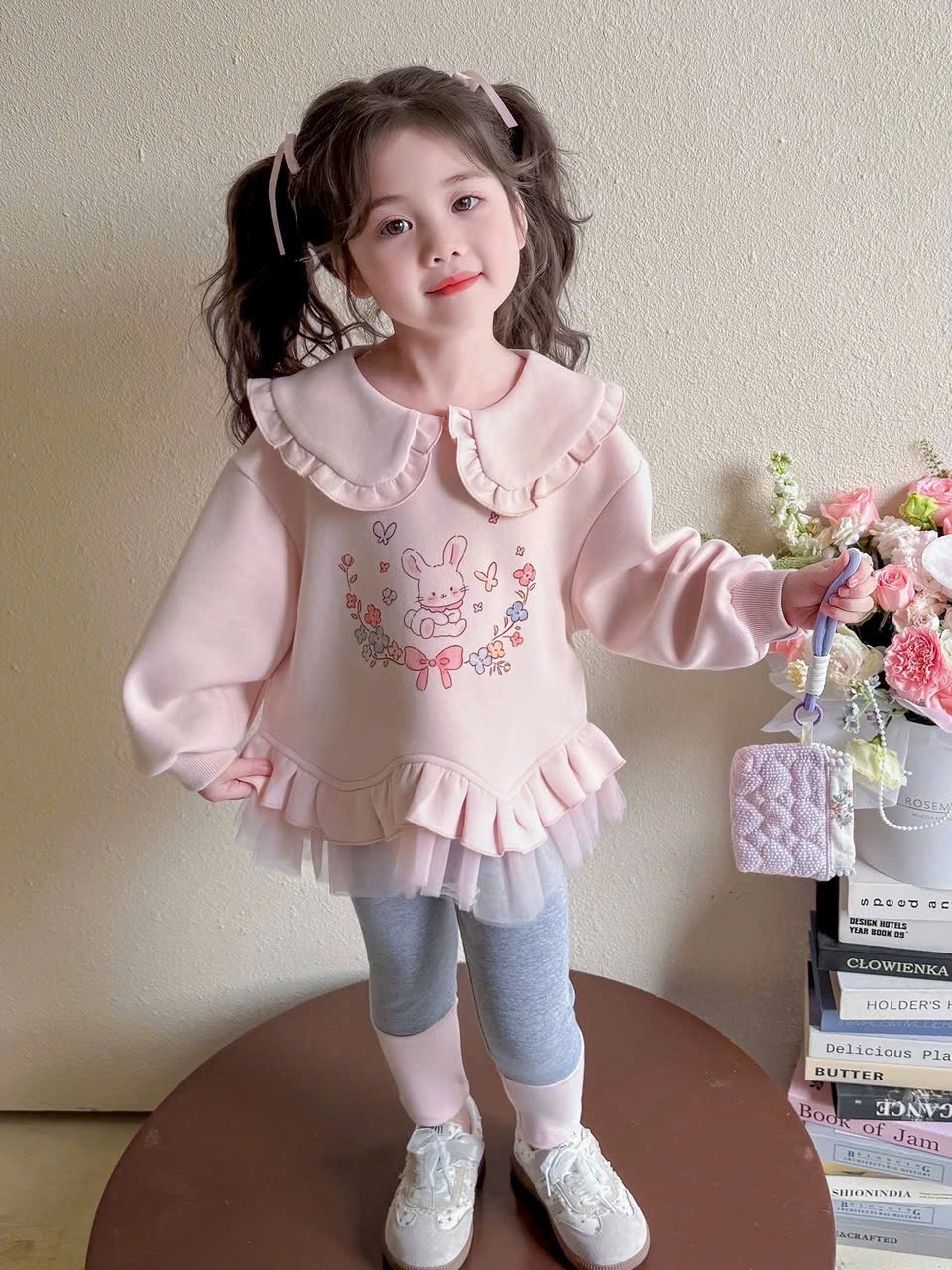Sét áo nỉ hồng thỏ quần tăm legging bé gái