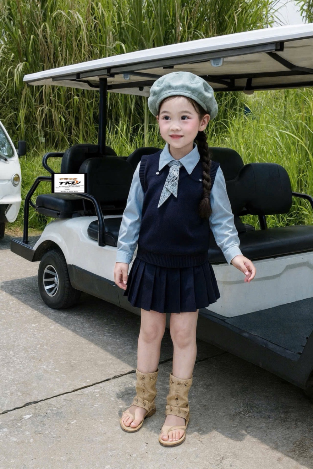 (Tm) Sét 3 chi tiết gile kèm khăn cv xếp ly bé gái