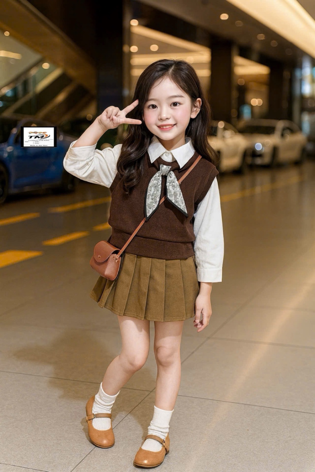 (Tm) Sét 3 chi tiết gile kèm khăn cv xếp ly bé gái