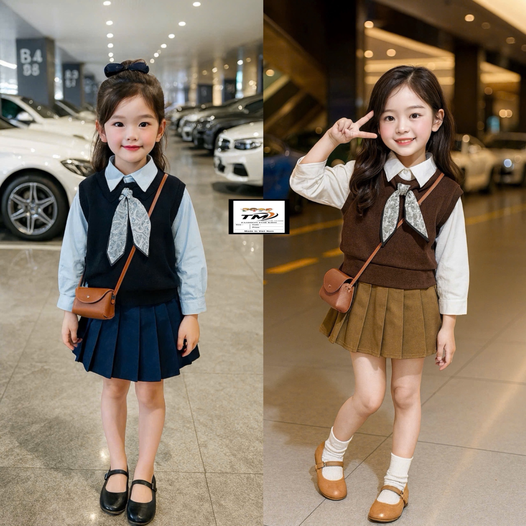 (Tm) Sét 3 chi tiết gile kèm khăn cv xếp ly bé gái