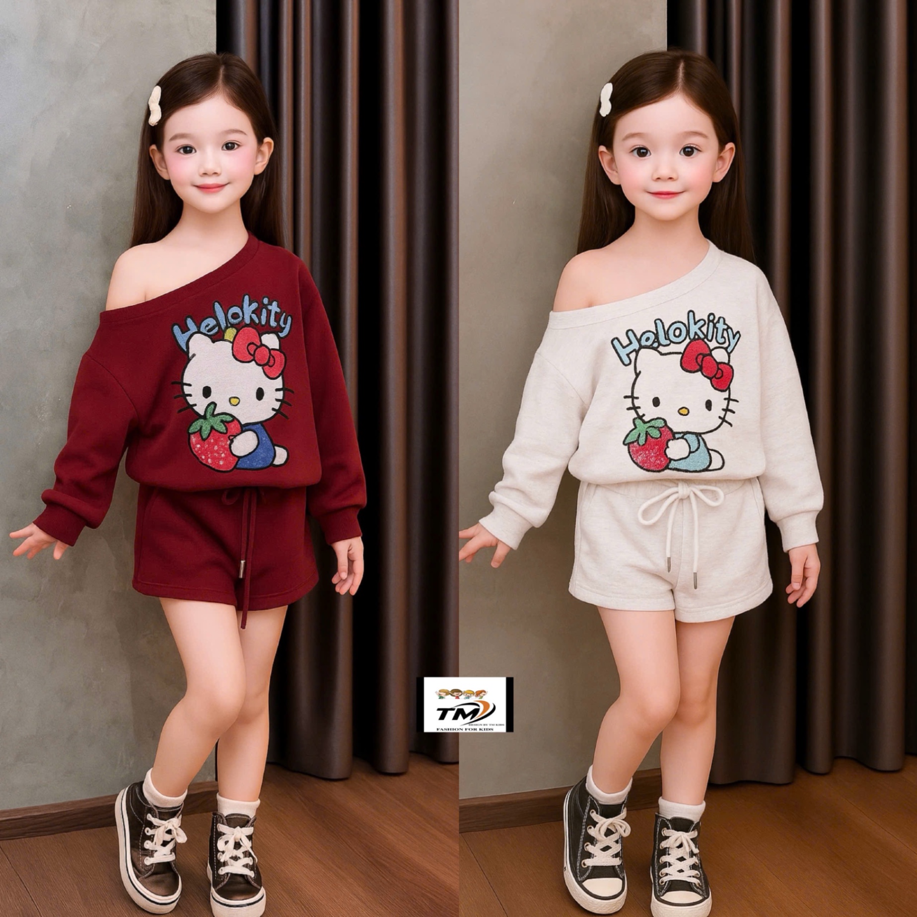 Sét bộ nỉ kitty quần sooc bé gái