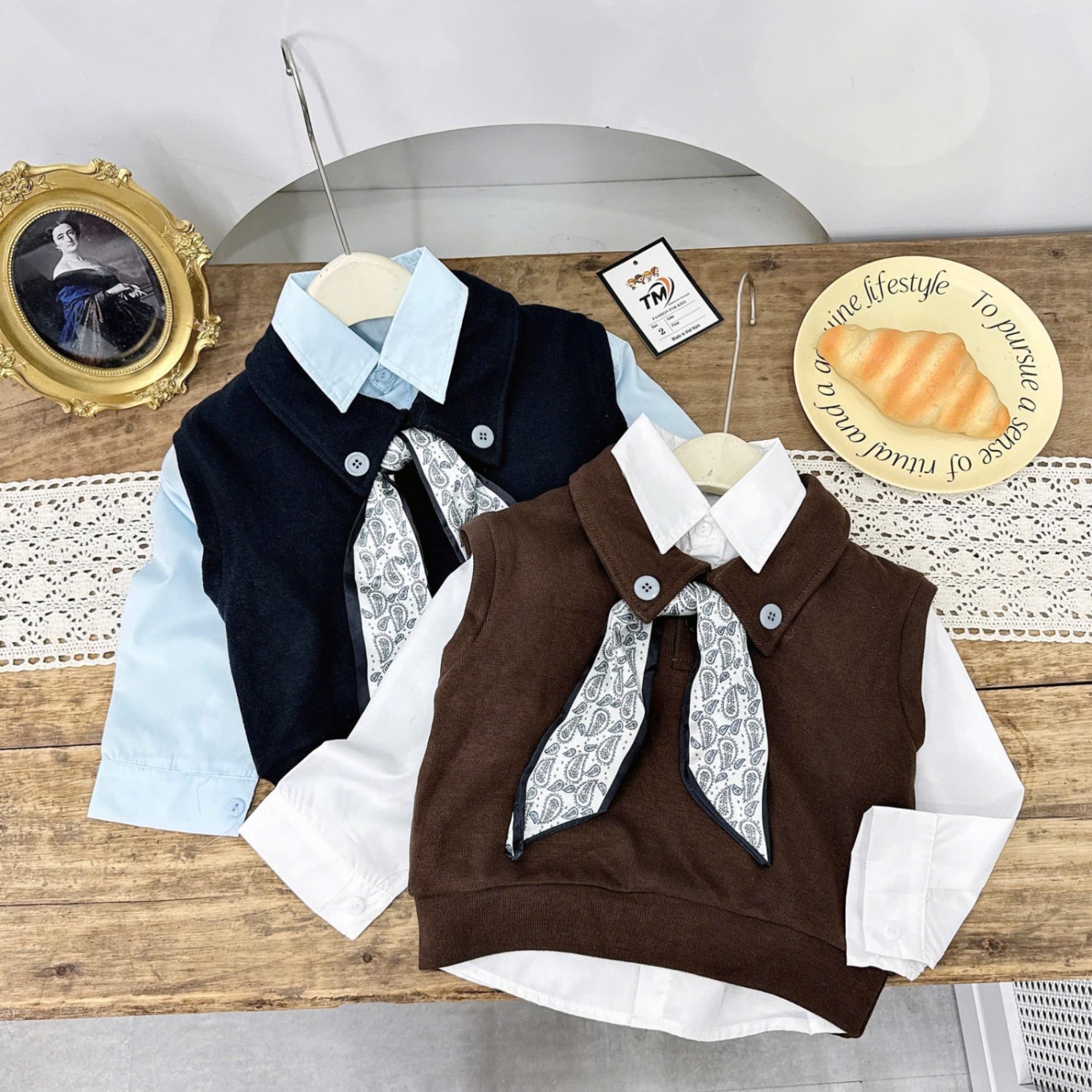 (Tm) Sét 3 chi tiết gile kèm khăn cv xếp ly bé gái