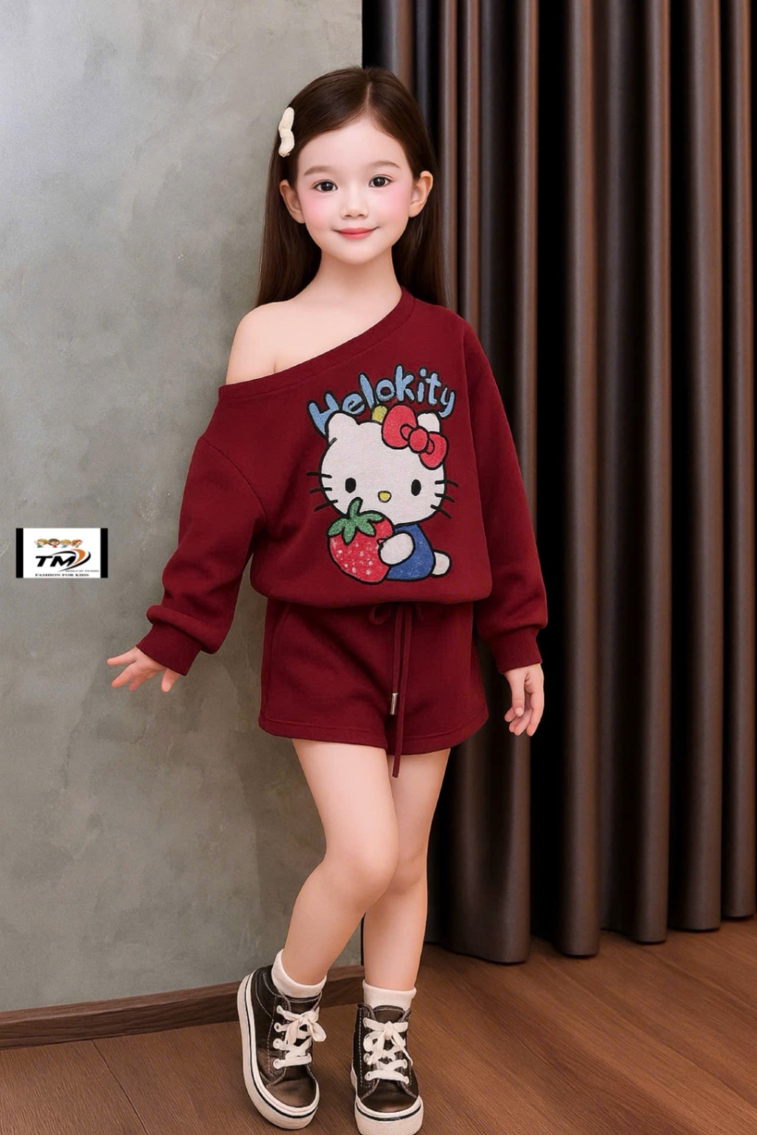 Sét bộ nỉ kitty quần sooc bé gái