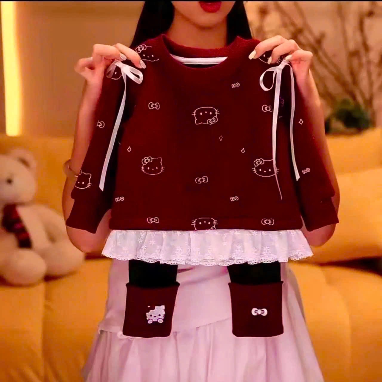 Sét áo nỉ kitty đỏ quần legging bé gái