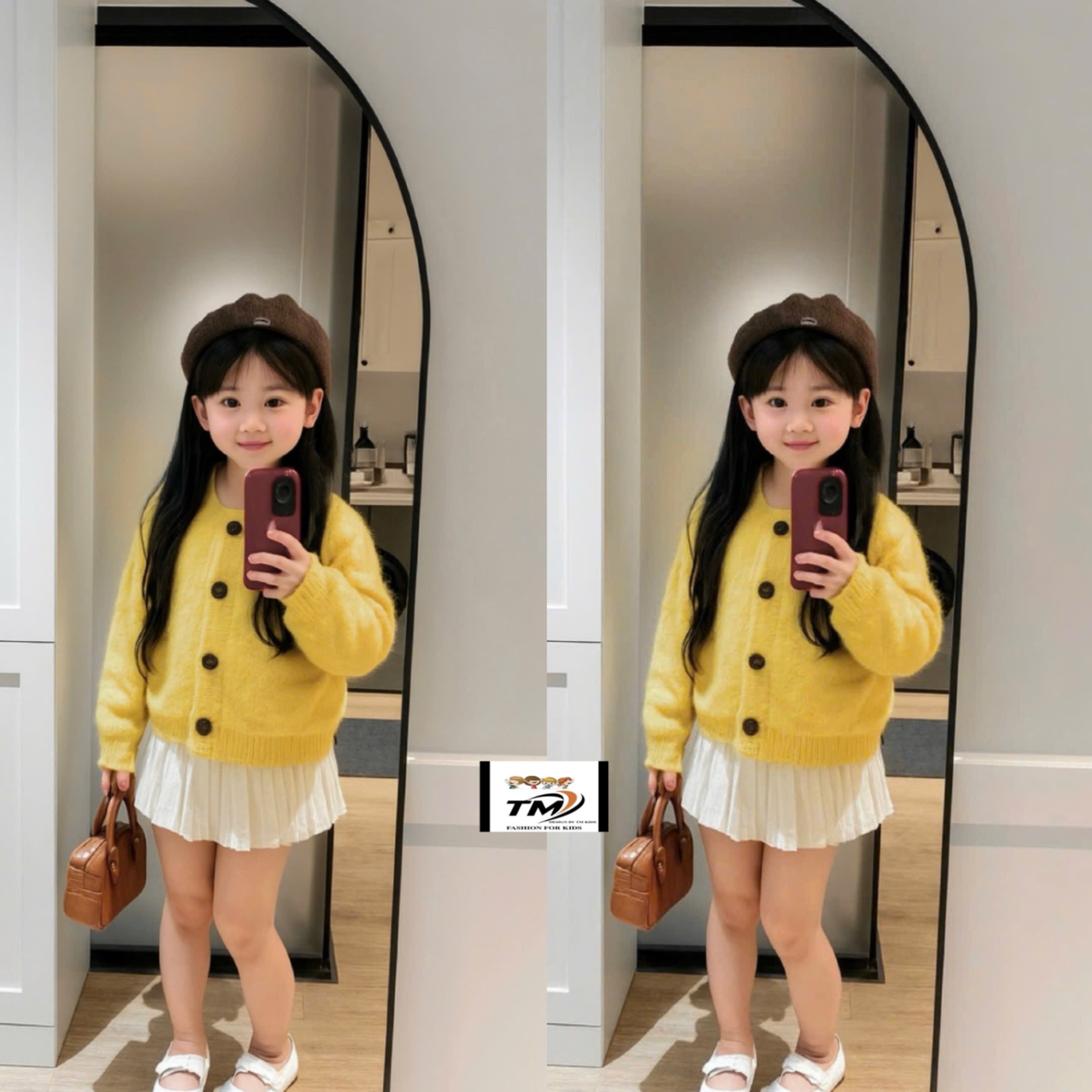 Sét áo len vàng cv dập ly trắng bé gái