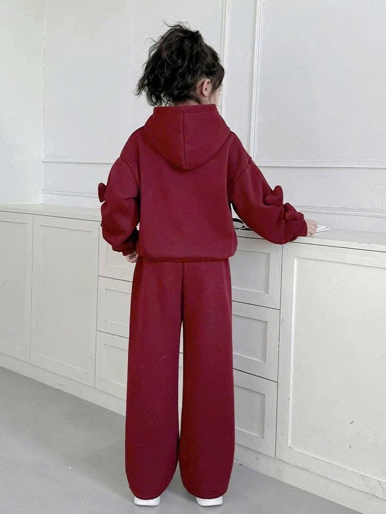 Sét bộ nỉ hình nơ áo mũ liền quần xuông bé gái