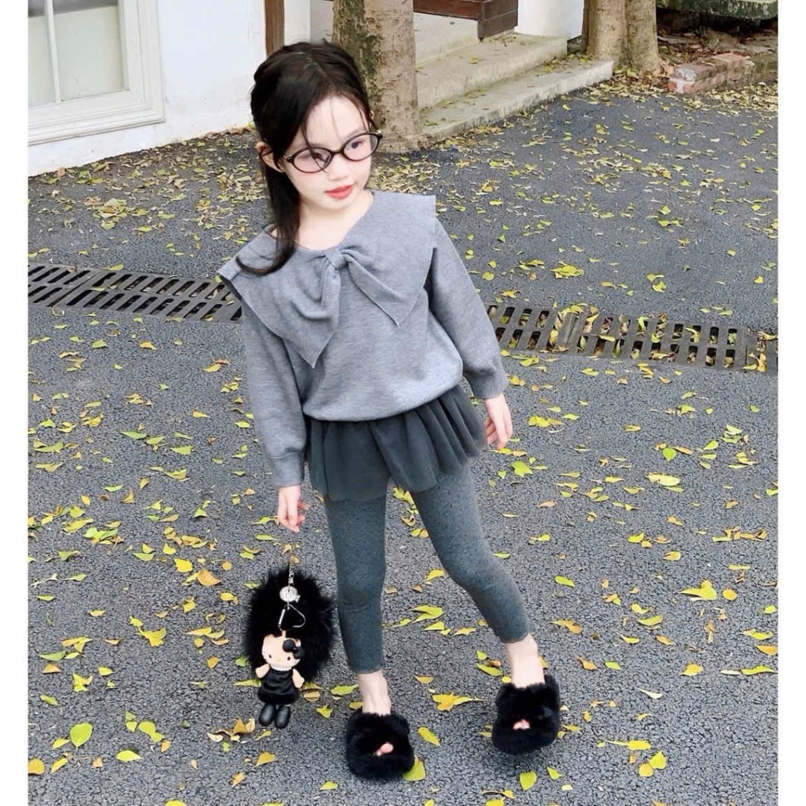 Sét áo ghi nơ quần legging phối voan bé gái