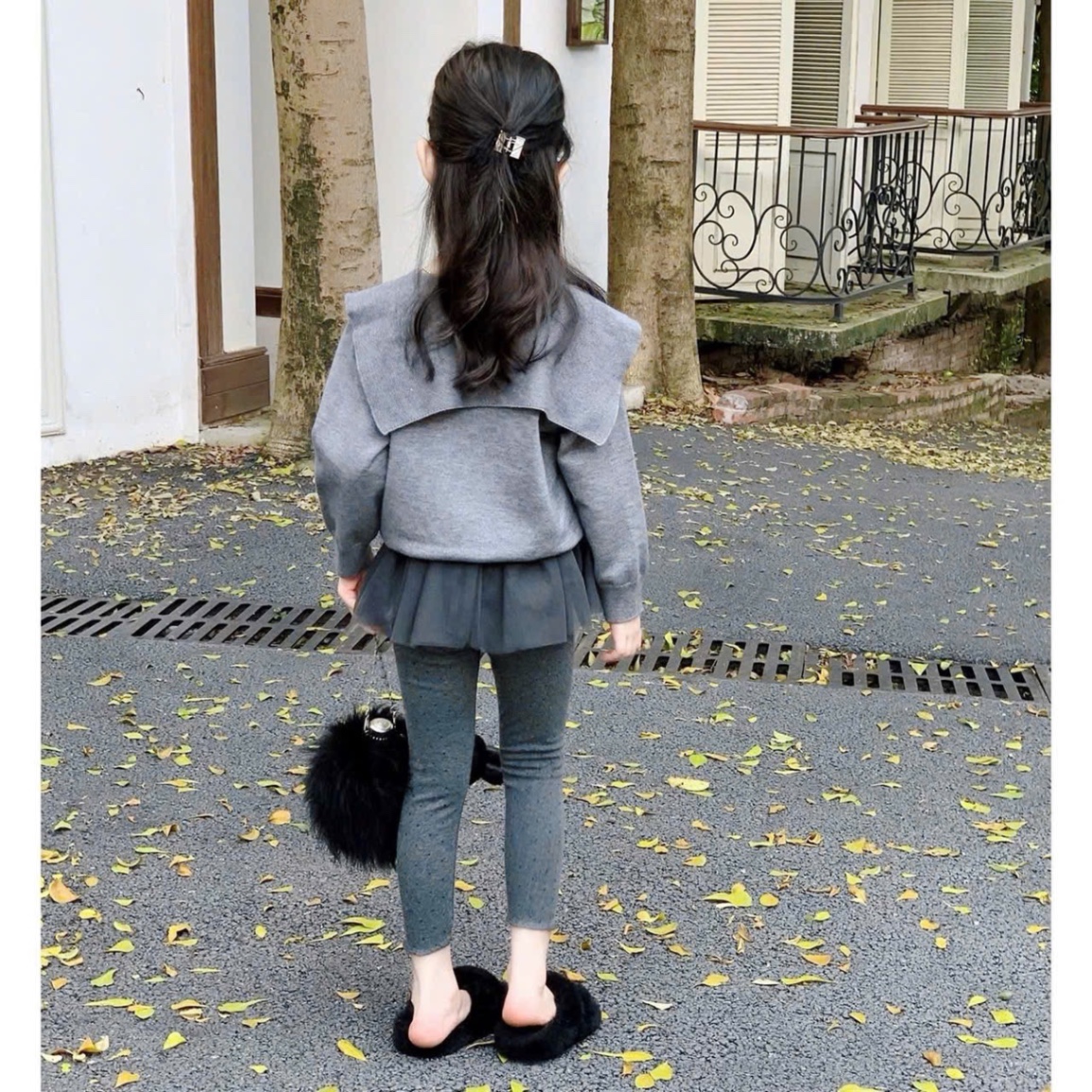 Sét áo ghi nơ quần legging phối voan bé gái