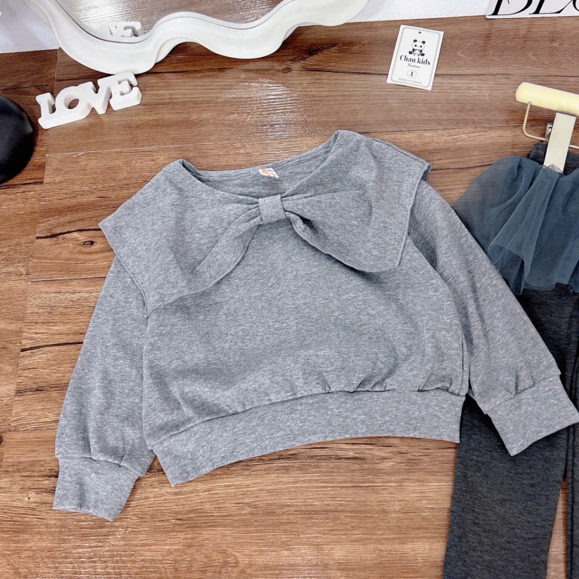 Sét áo ghi nơ quần legging phối voan bé gái