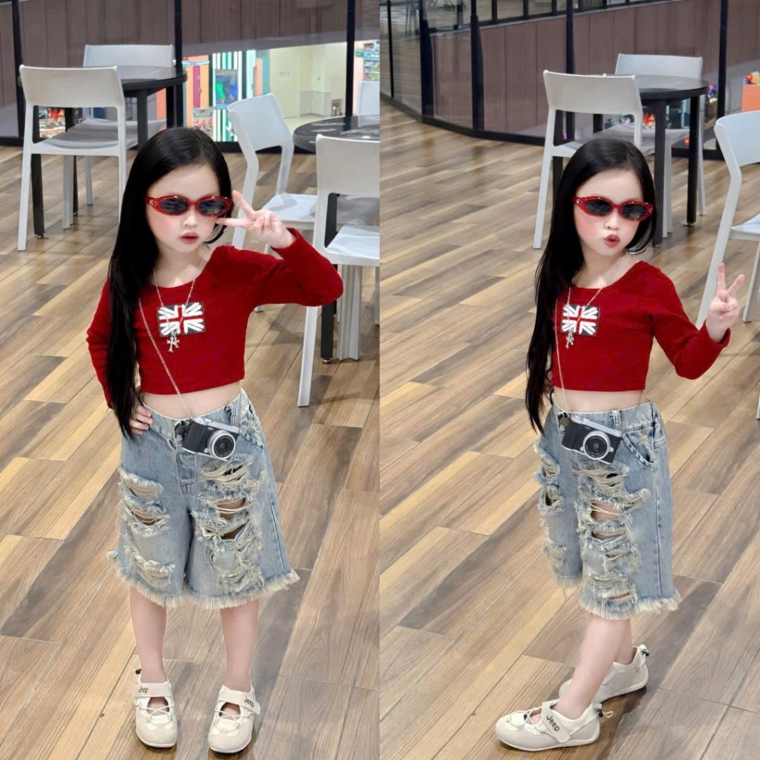 Sét áo đỏ dài tay quần sooc bò rách bé gái