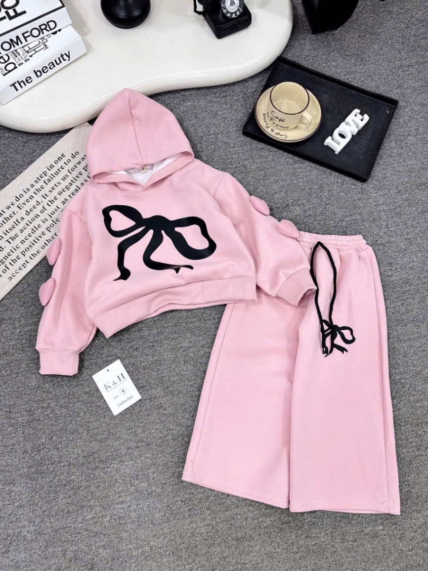 Sét bộ nỉ hình nơ áo mũ liền quần xuông bé gái