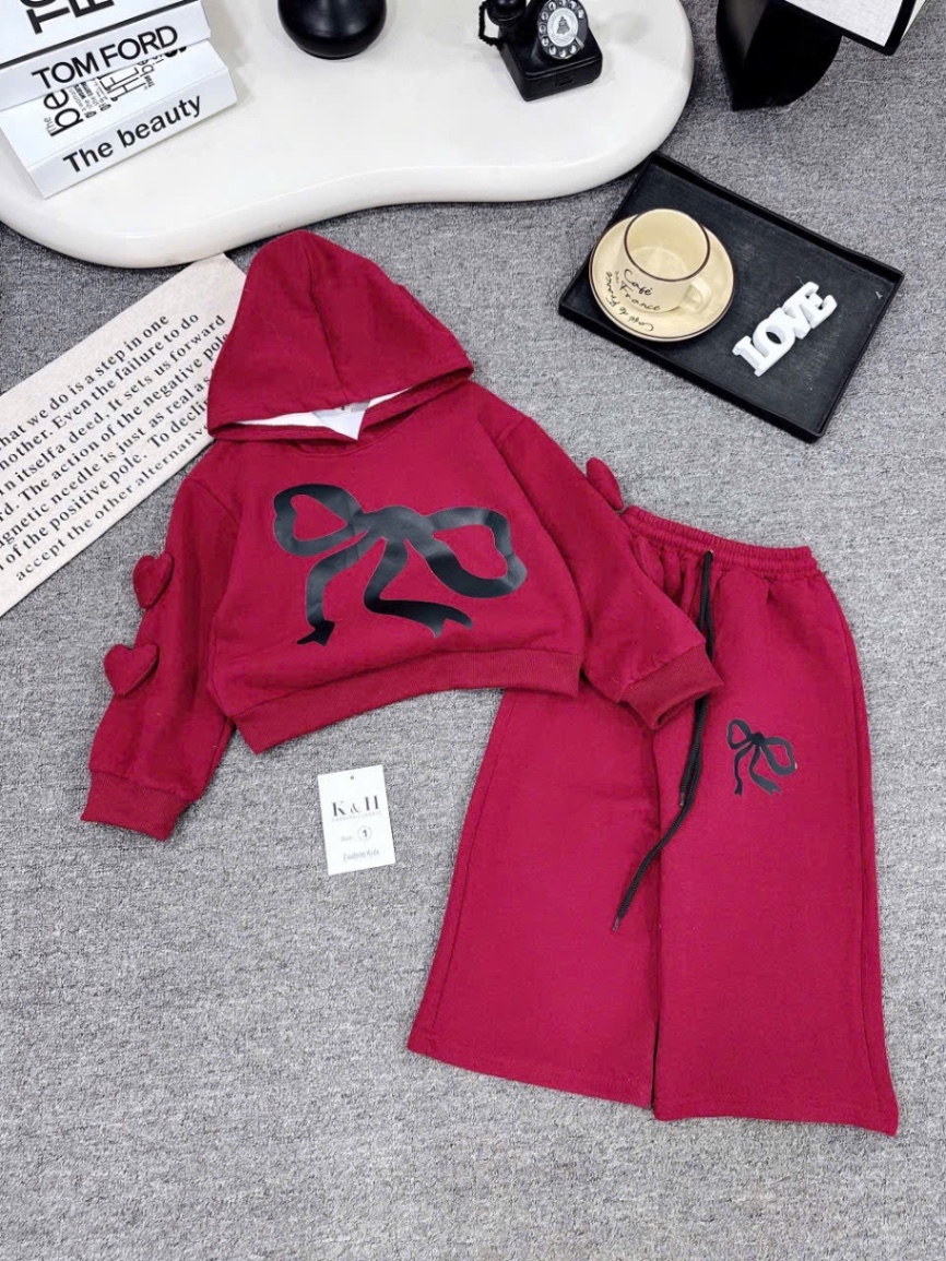 Sét bộ nỉ hình nơ áo mũ liền quần xuông bé gái