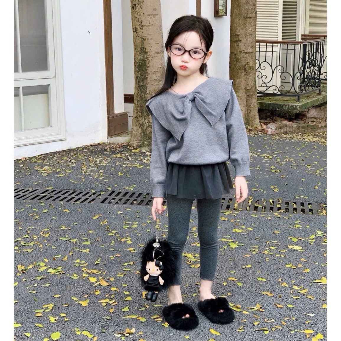 Sét áo ghi nơ quần legging phối voan bé gái