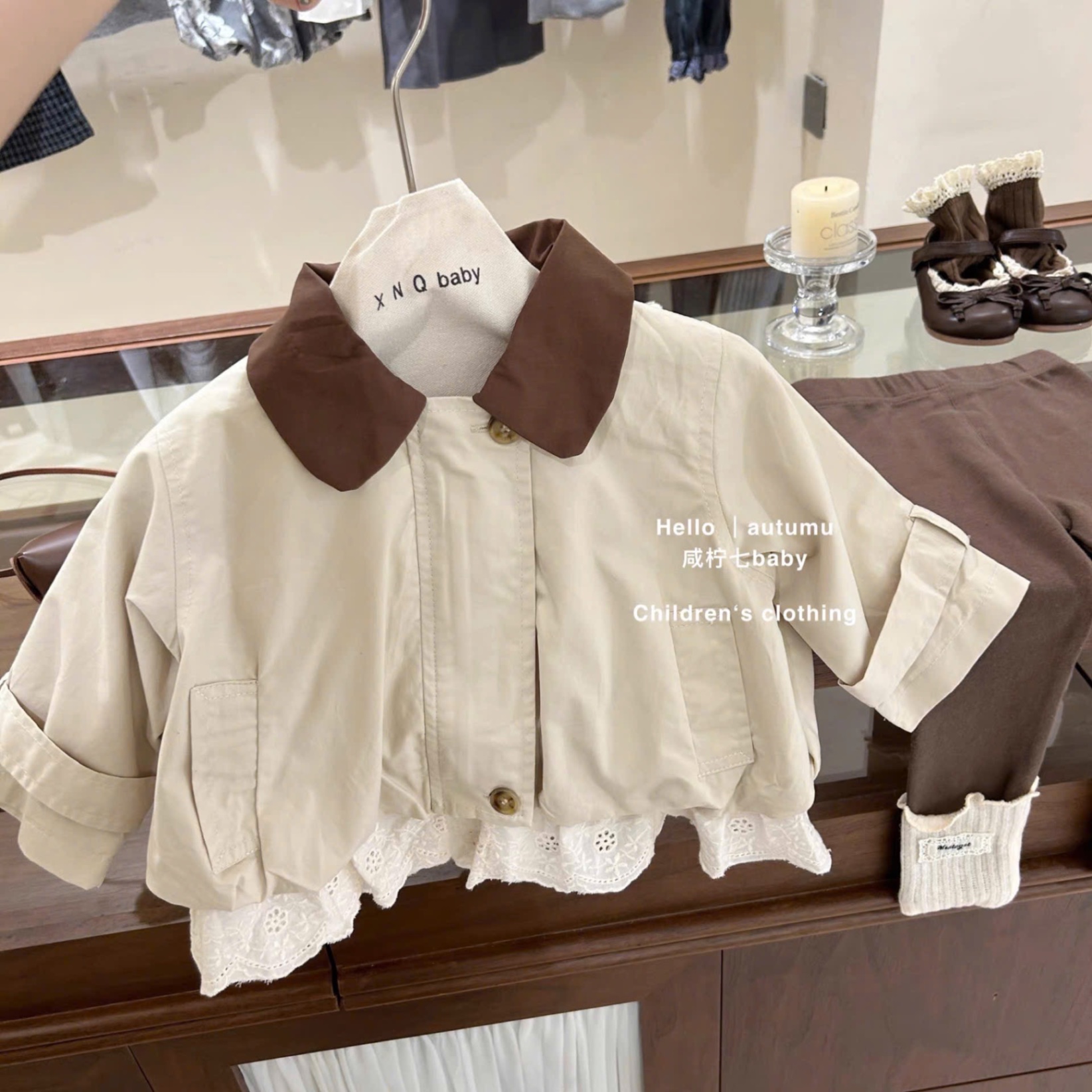 Sét áo khoác kaki phối ren quần legging sn bé gái