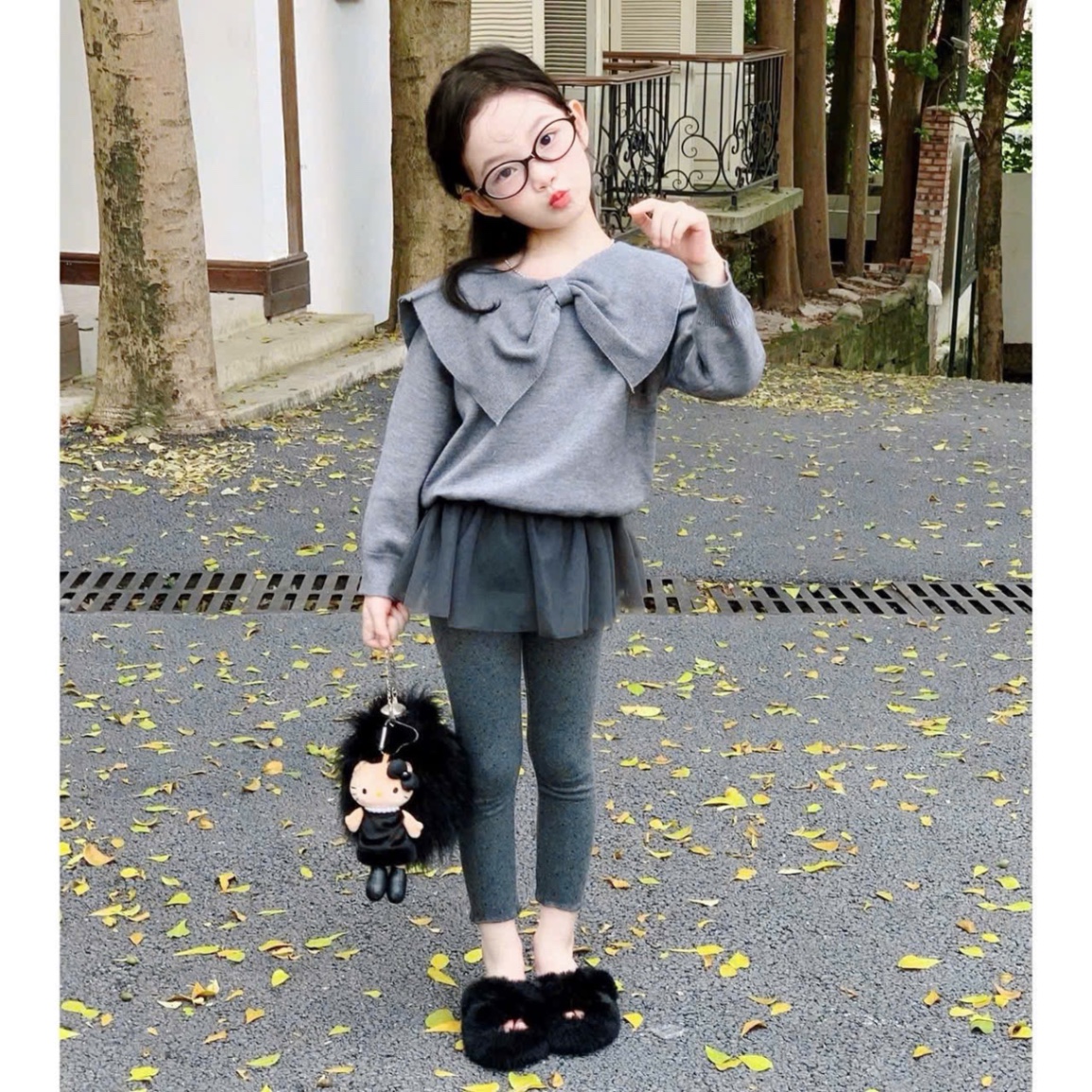 Sét áo ghi nơ quần legging phối voan bé gái