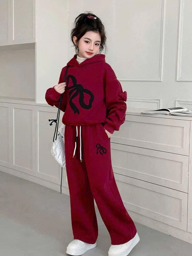 Sét bộ nỉ hình nơ áo mũ liền quần xuông bé gái