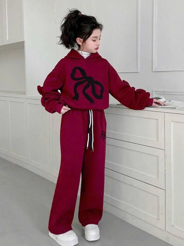 Sét bộ nỉ hình nơ áo mũ liền quần xuông bé gái