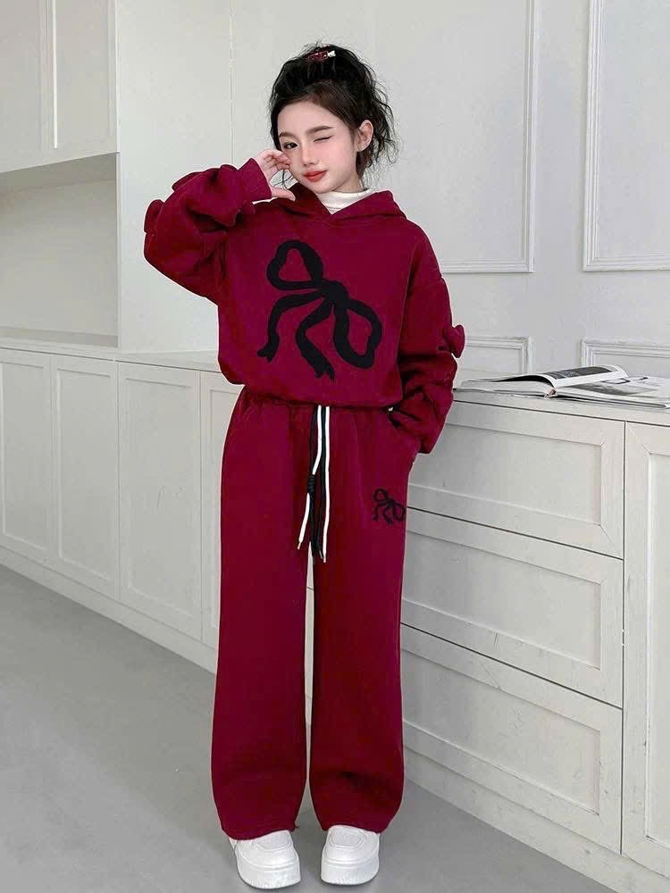 Sét bộ nỉ hình nơ áo mũ liền quần xuông bé gái