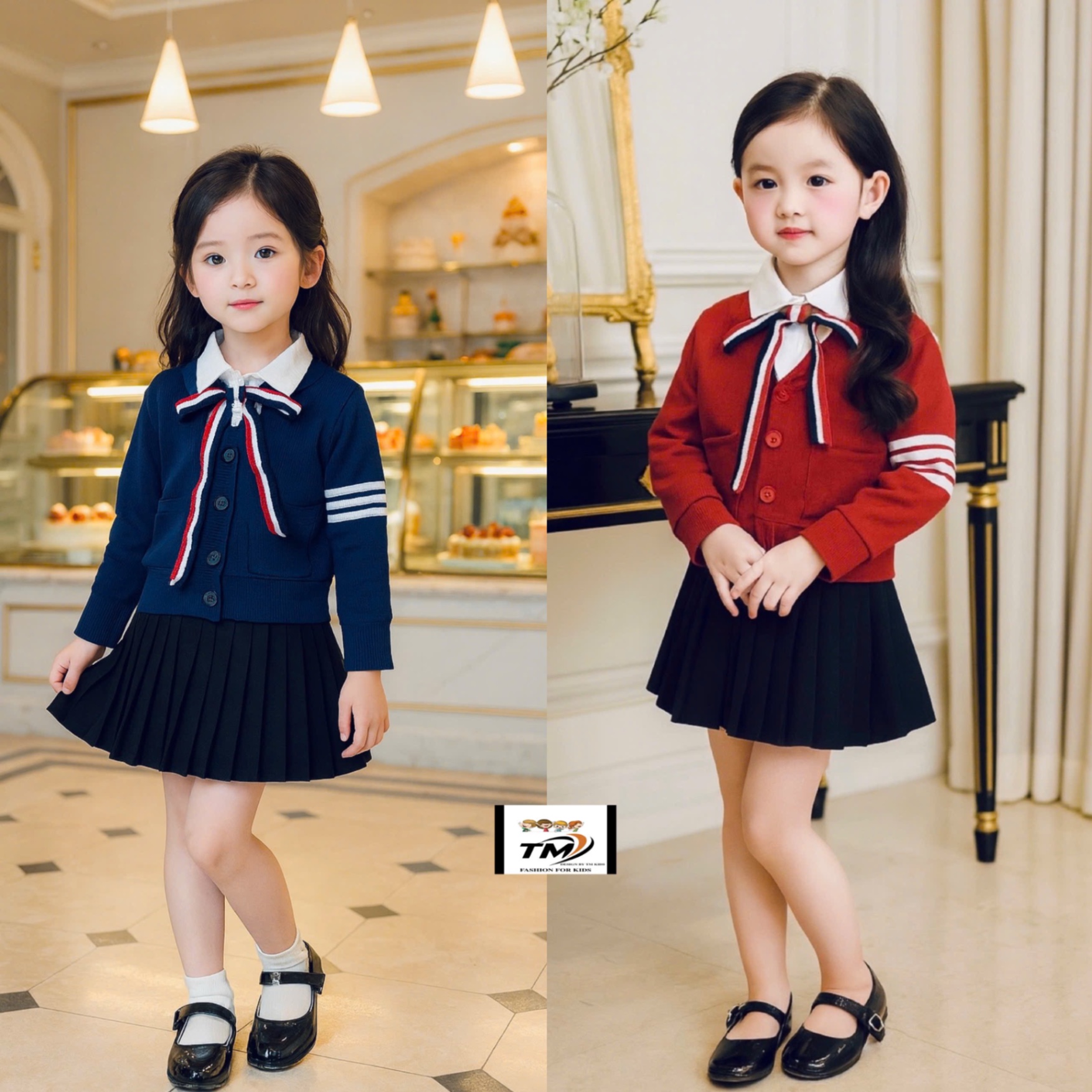 Sét bộ tăm nhung phổi cổ sơ mi dây nơ cv dập ly bé gái tm