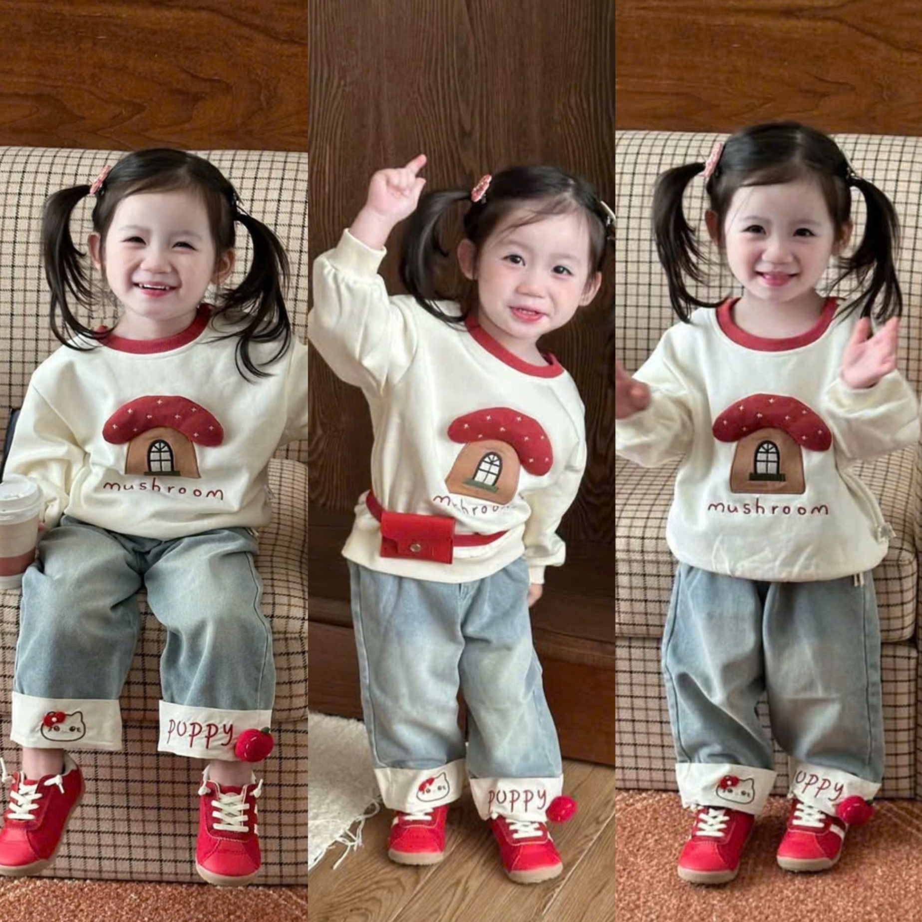 Sét bộ cây nấm quần bò xuông bé gái