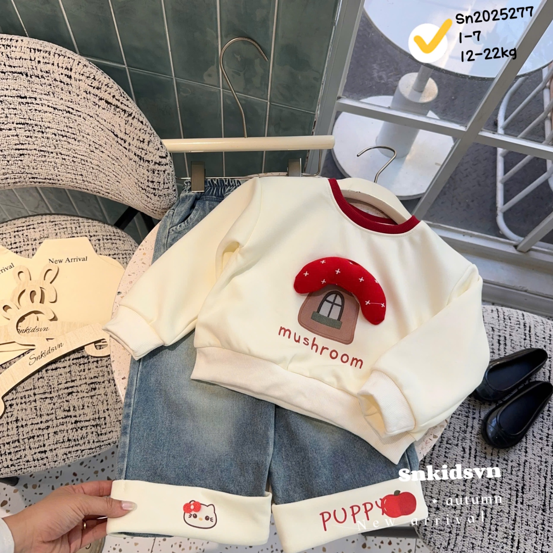 Sét bộ cây nấm quần bò xuông bé gái