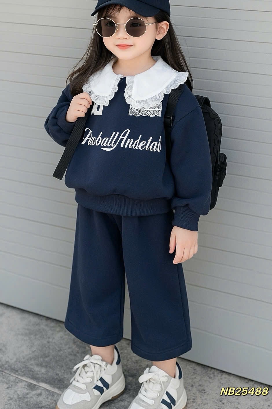 Sét bộ nỉ phối cổ béo trắng quần xuông cho bé gái
