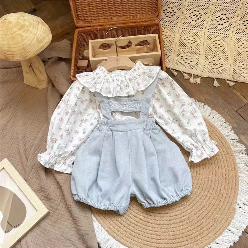 Sét yếm bò giấy kèm áo hoa bé gái