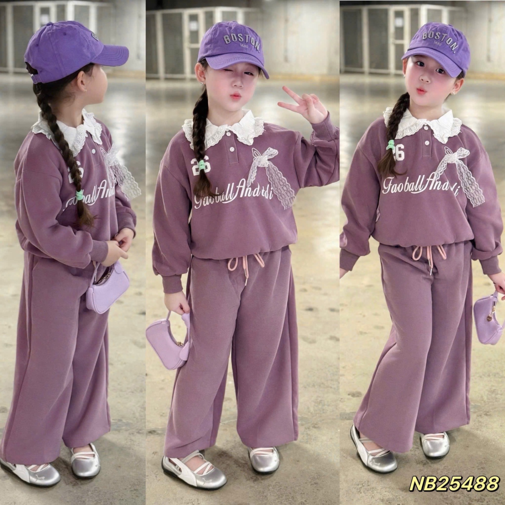 Sét bộ nỉ phối cổ béo trắng quần xuông cho bé gái