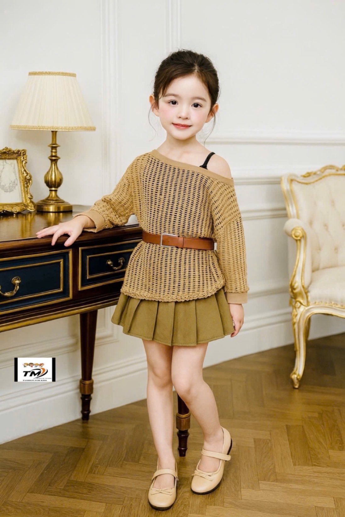 Sét 4 chi tiết áo lưới nâu cv dập ly bé gái