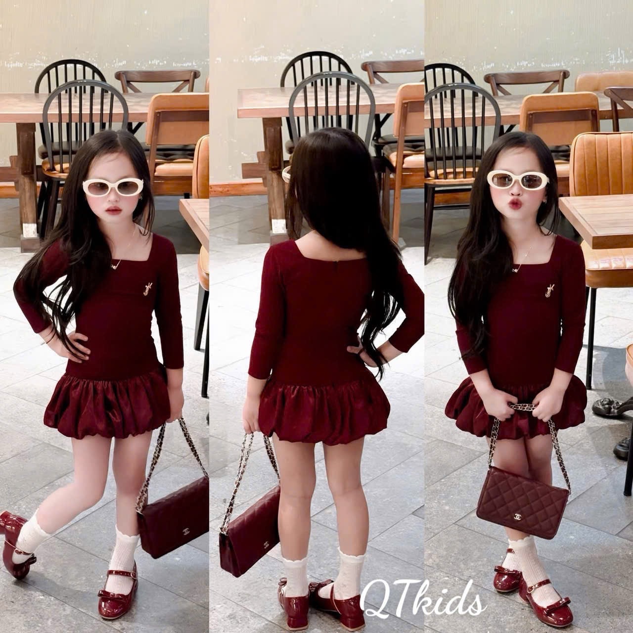 Sét váy đỏ cổ vuông thân bồng bé gái