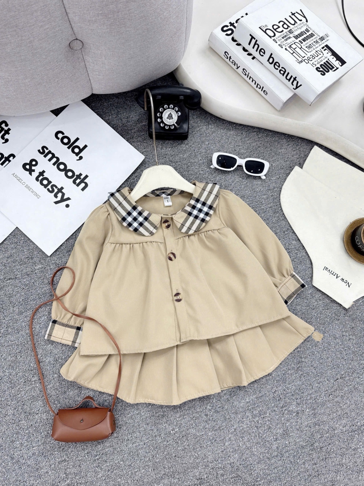 Sét bộ áo cổ phối caro cv dập ly bé gái