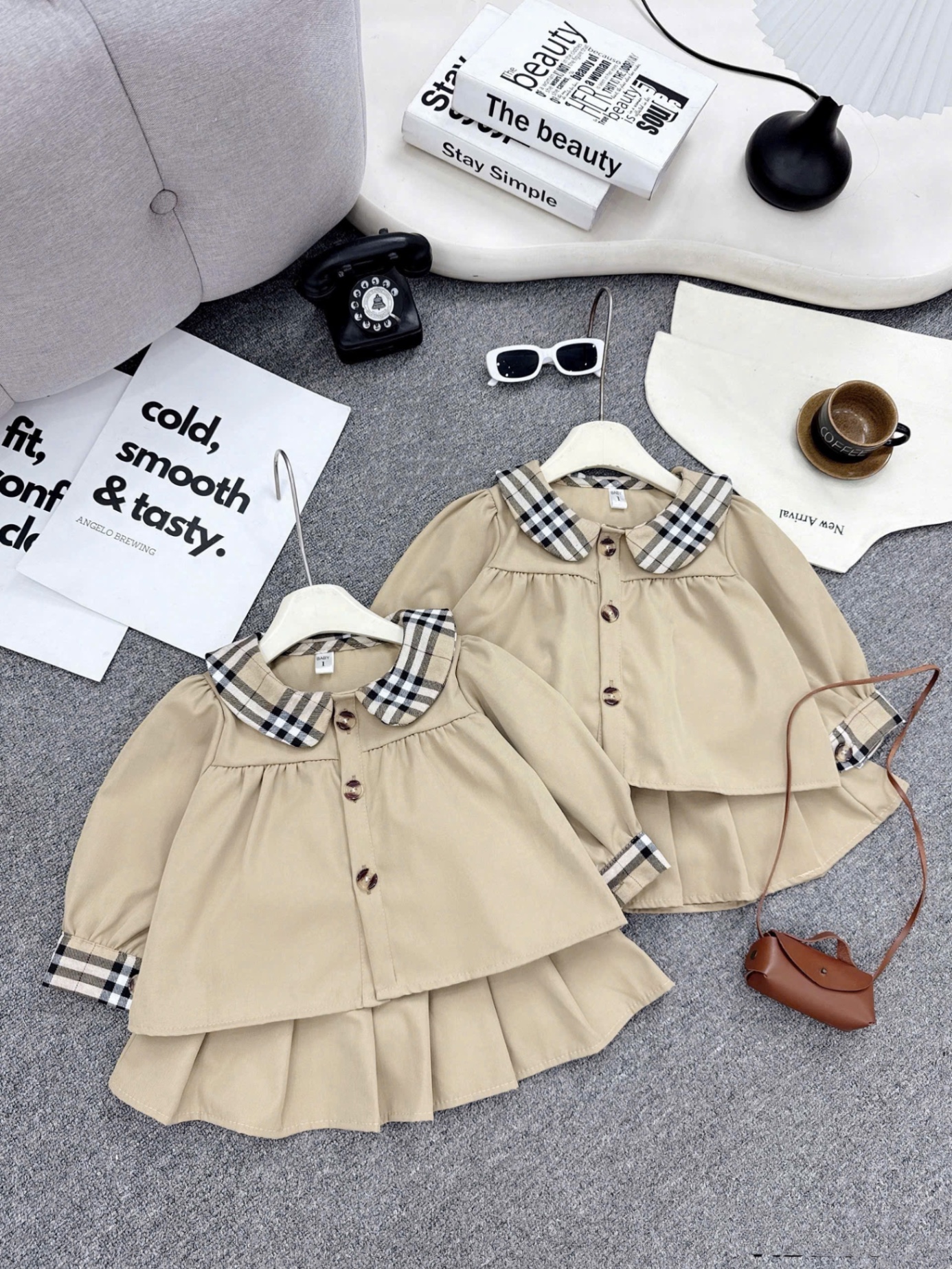 Sét bộ áo cổ phối caro cv dập ly bé gái