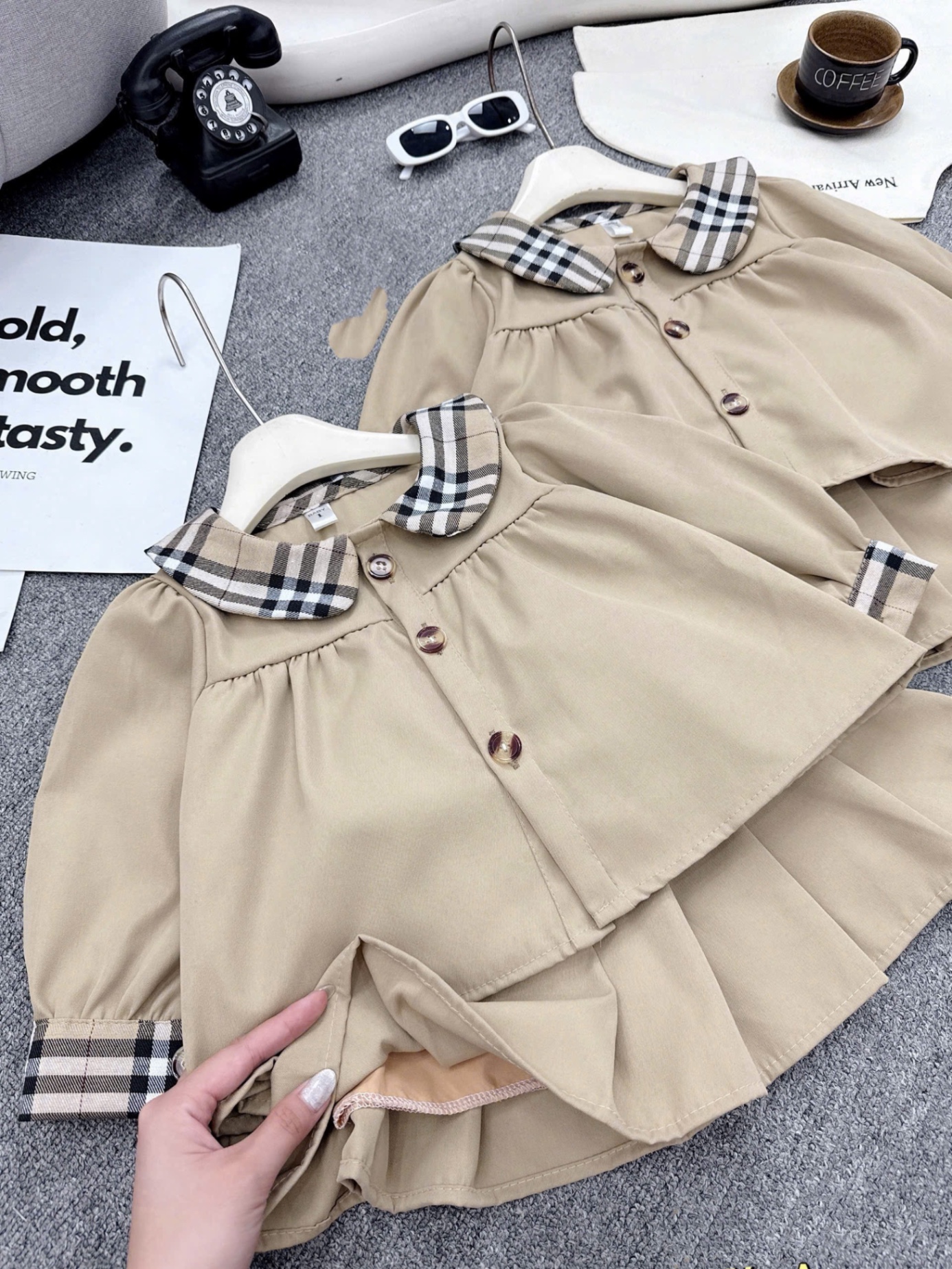 Sét bộ áo cổ phối caro cv dập ly bé gái