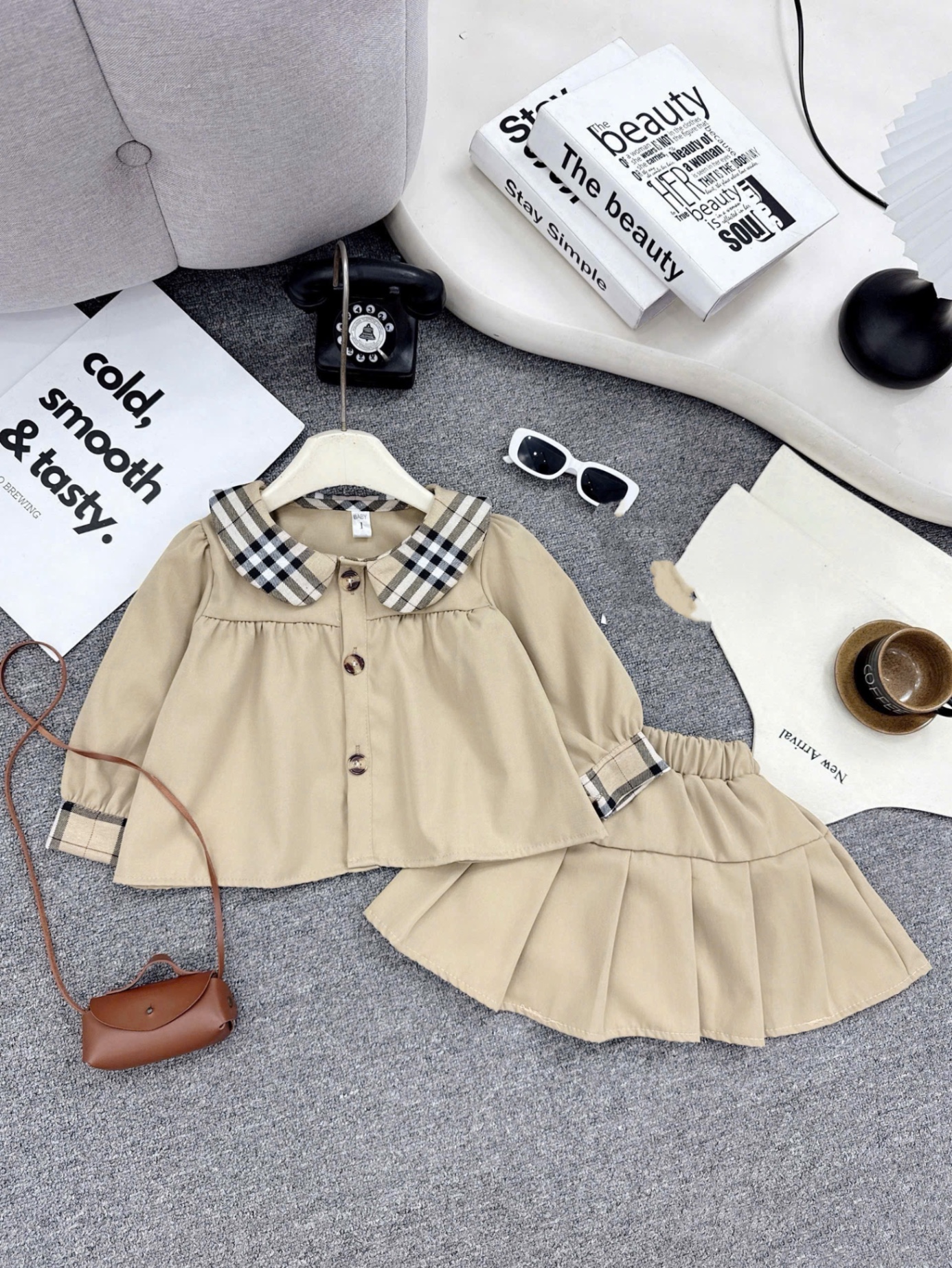 Sét bộ áo cổ phối caro cv dập ly bé gái