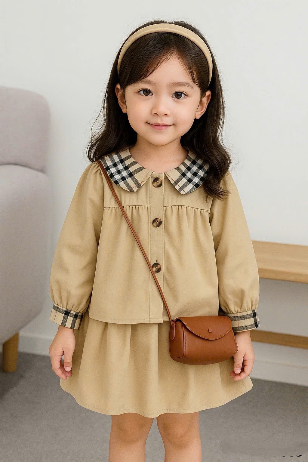 Sét bộ áo cổ phối caro cv dập ly bé gái