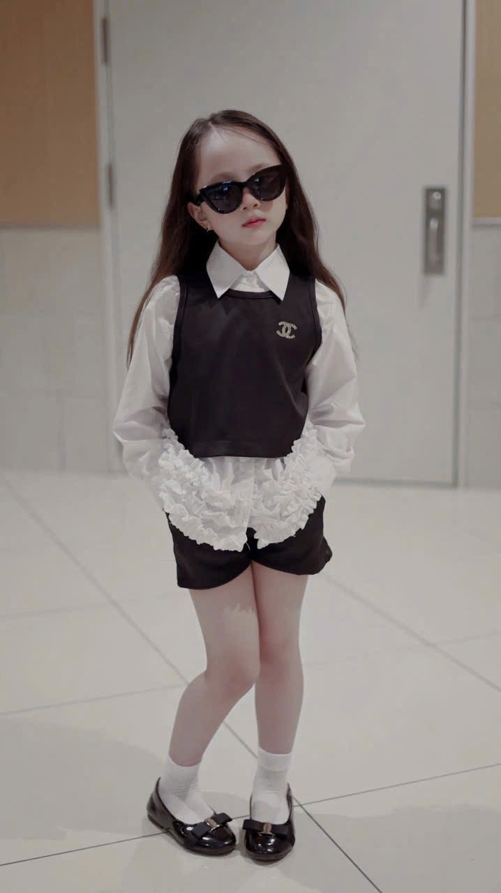 Sét 3 chi tiết gile kèm sơ mi quấn sooc bé gái